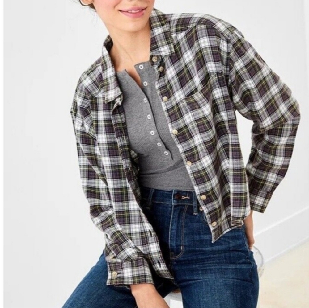 Ae | Cozy Cropped Tartan Flannel Blue Plaid Elbow Patches Womens Small S